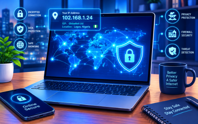 A glowing screen displaying what is your IP address and online privacy shield

