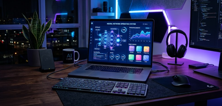 A sleek modern laptop setup displaying the best AI productivity tools every professional should know in 2026.