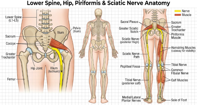 Diagram showing hip and leg pain caused by sciatica along the nerve pathway.