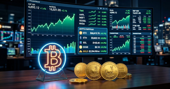 Understanding the Current Market: Why Gold and Crypto Are Making Waves This Month featuring gold bars and Bitcoin tokens.