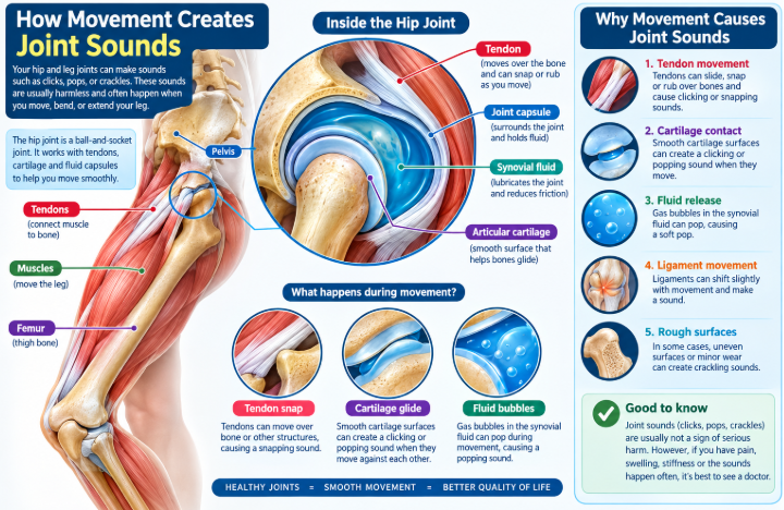 Illustration explaining why leg and hip joints make cracking noises