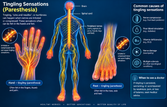 Medical illustration depicting the pins and needles feeling in hands and feet along human nerve paths.