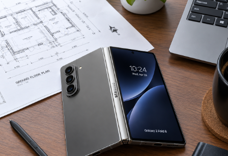 A modern office desk displaying the new Samsung Galaxy Z Fold 8 next to an architectural blueprint.