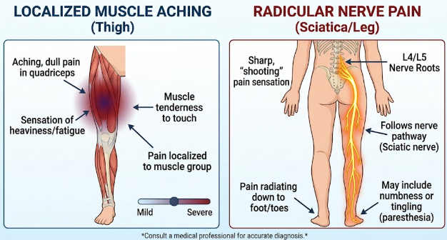 Graphic illustrating the difference between normal muscle soreness and nerve pain along leg nerve pathways.