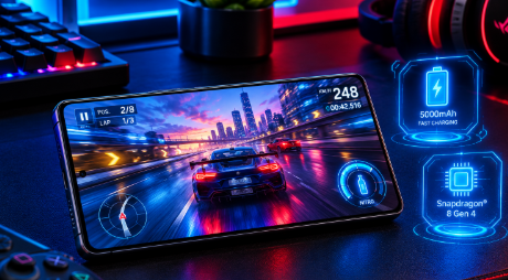 A futuristic smartphone showcasing the OnePlus 16 9,000 mAh battery and 2nm gaming chip on a dark neon-lit desk.