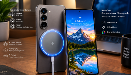 A sleek representation of the Google Pixel 11 Pro XL Tensor G5 showing its advanced camera setup and magnetic charging capabilities.