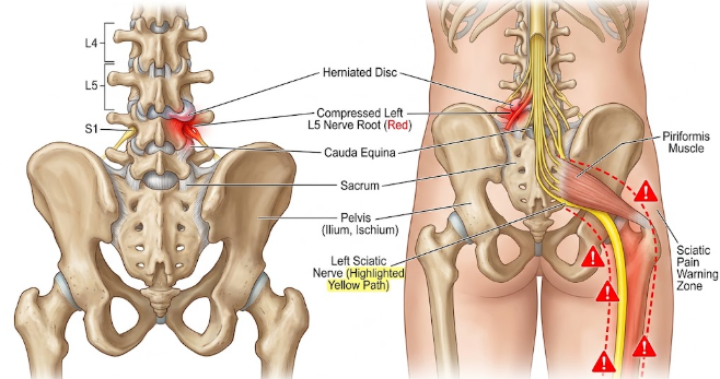 Medical illustration showing spinal nerve compression causing numbness, tingling, and radiating leg pain.
