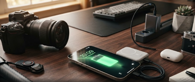 A titanium smartphone highlighting the impressive Apple iPhone 18 Pro Max battery endurance alongside modern accessories.